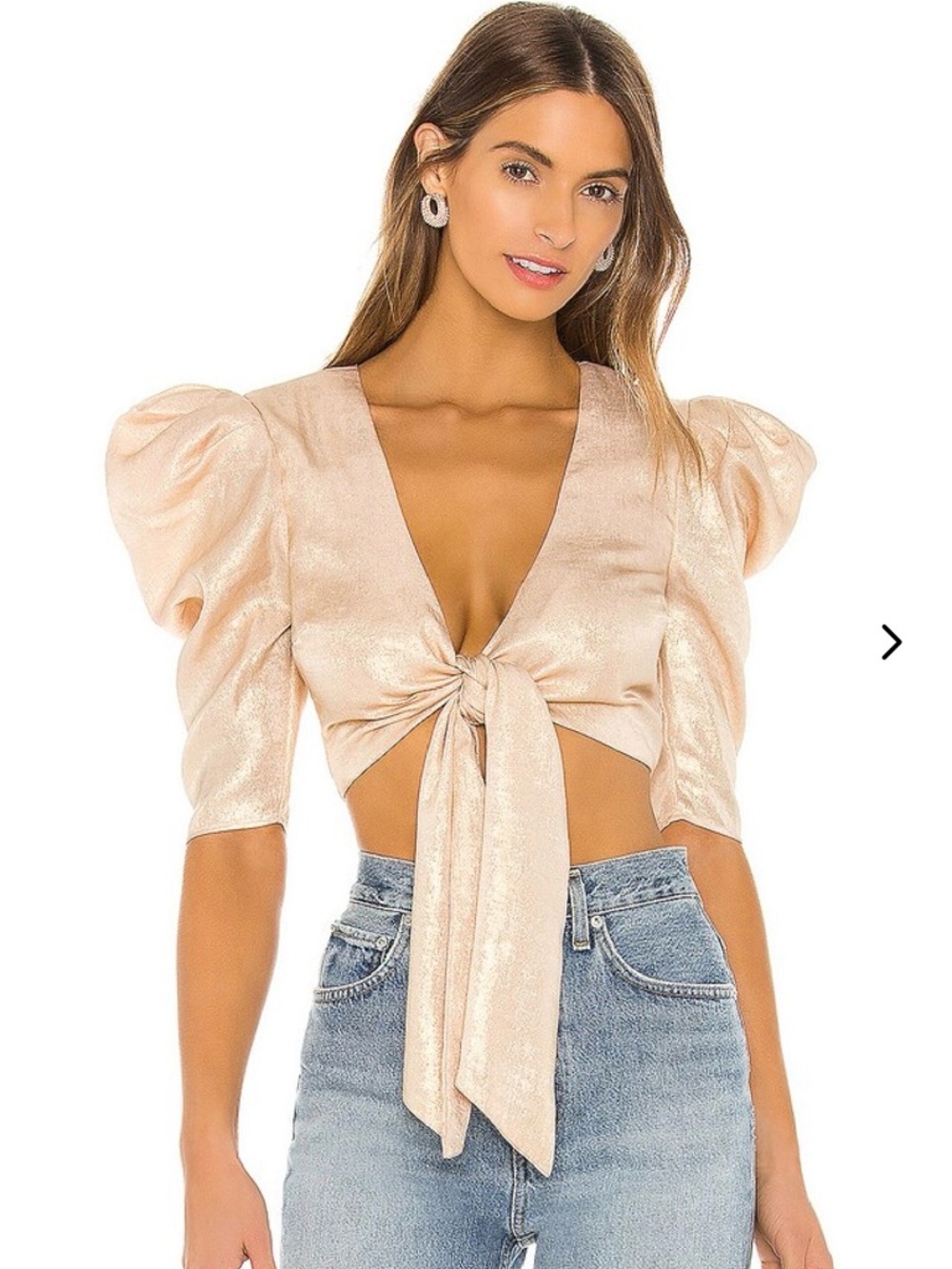 Lovers + Friends Champagne Metallic Puff Sleeve Tie Front Crop Top XS